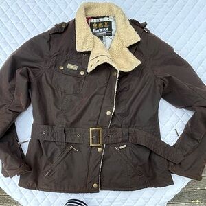 Barbour brown waxed cotton jacket with cream colored Sherpa lining.